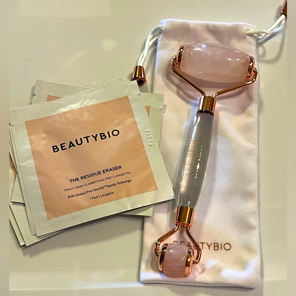 BEAUTYBIO The residue eraser skin clarifying pad & rose quartz roller NWT